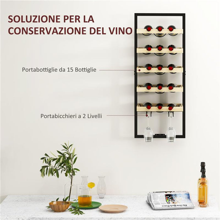 PORTABOTTIGLIE DA PARETE IN LEGNO E ACCIAIO PER 15 BOTTIGLIE DI VINO E 4 CALICI 35X25X86 CM