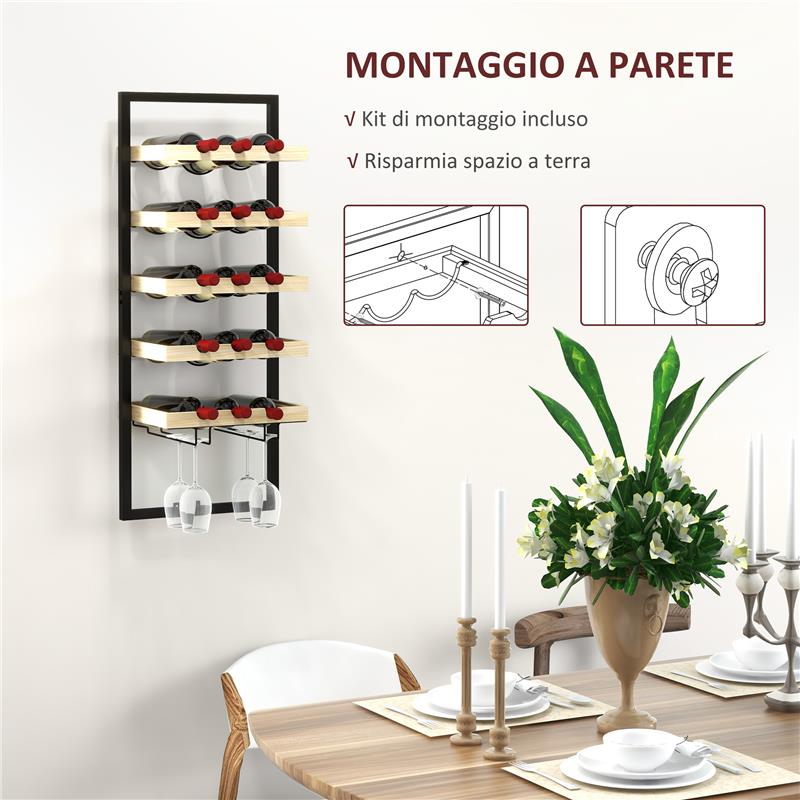 PORTABOTTIGLIE DA PARETE IN LEGNO E ACCIAIO PER 15 BOTTIGLIE DI VINO E 4 CALICI 35X25X86 CM
