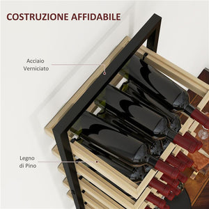 PORTABOTTIGLIE DA PARETE IN LEGNO E ACCIAIO PER 15 BOTTIGLIE DI VINO E 4 CALICI 35X25X86 CM