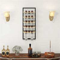 PORTABOTTIGLIE DA PARETE IN LEGNO E ACCIAIO PER 15 BOTTIGLIE DI VINO E 4 CALICI 35X25X86 CM