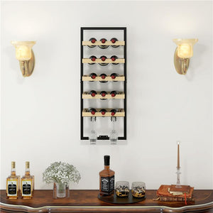 PORTABOTTIGLIE DA PARETE IN LEGNO E ACCIAIO PER 15 BOTTIGLIE DI VINO E 4 CALICI 35X25X86 CM