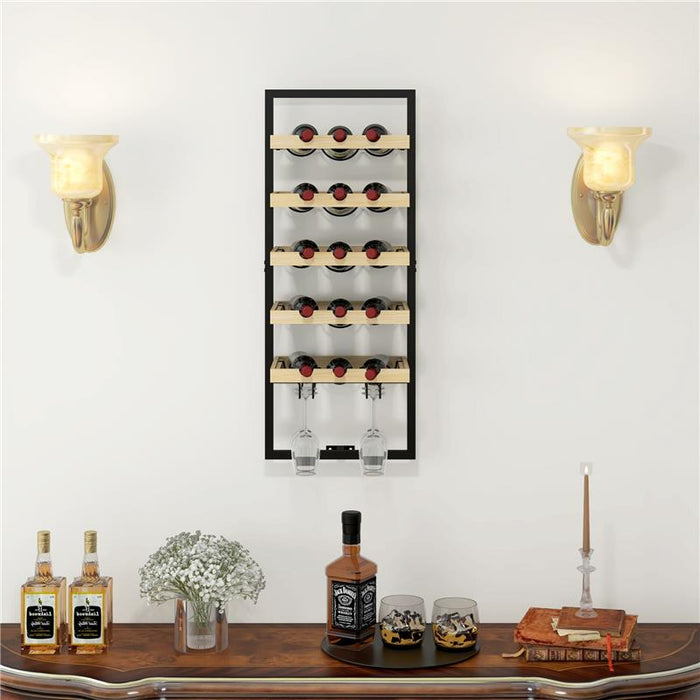 PORTABOTTIGLIE DA PARETE IN LEGNO E ACCIAIO PER 15 BOTTIGLIE DI VINO E 4 CALICI 35X25X86 CM
