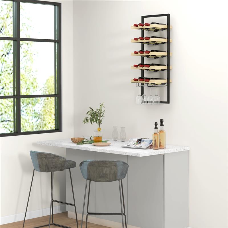 PORTABOTTIGLIE DA PARETE IN LEGNO E ACCIAIO PER 15 BOTTIGLIE DI VINO E 4 CALICI 35X25X86 CM