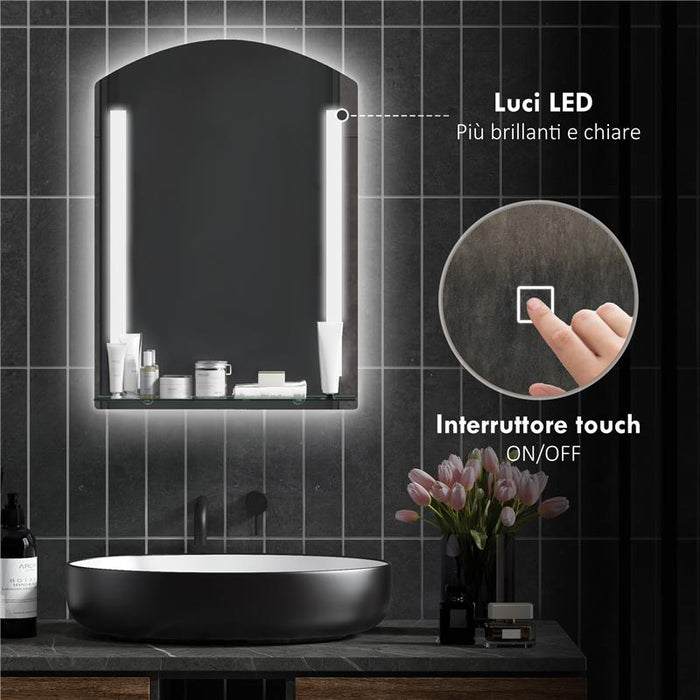 SPECCHIO PER BAGNO CON LUCE LED REGOLABILE A 3 COLORI E MENSOLA IN VETRO 50X12X70 CM ARGENTO