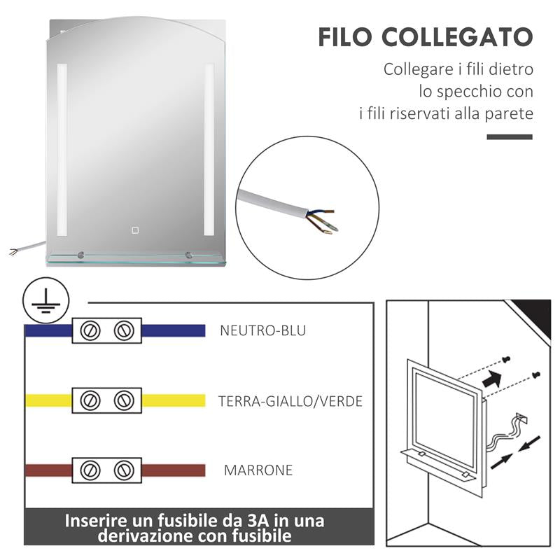 SPECCHIO PER BAGNO CON LUCE LED REGOLABILE A 3 COLORI E MENSOLA IN VETRO 50X12X70 CM ARGENTO