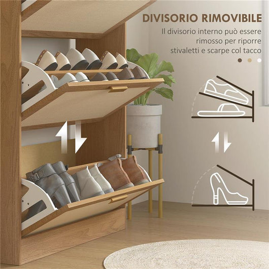 MOBILE SCARPIERA PER 18 PAIA DI SCARPE CON 3 CASSETTI RIBALTABILI IN LEGNO E RATTAN 80X25X120 CM MARRONE