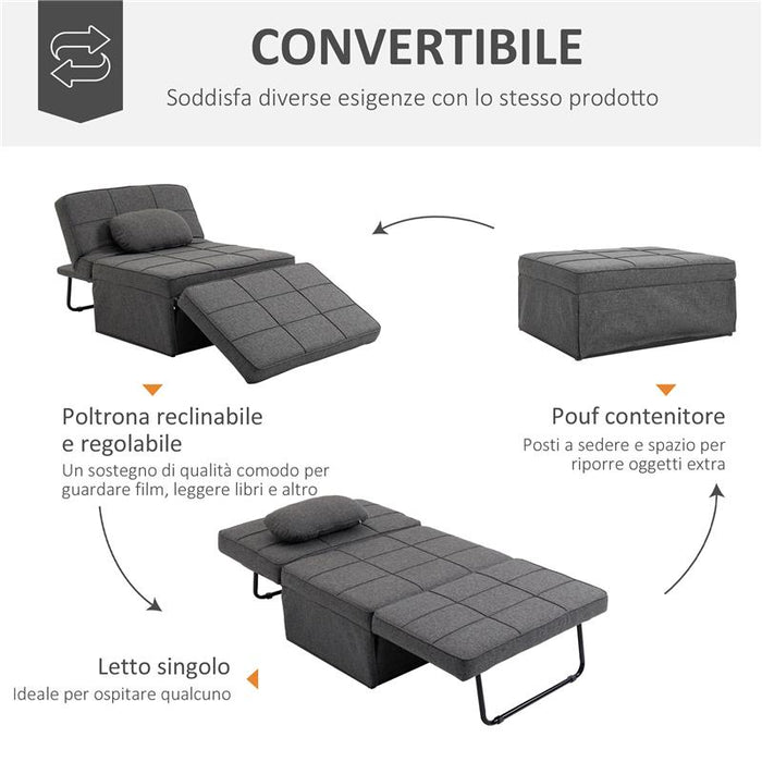 POLTRONA LETTO 3 IN 1 CON SCHIENALE REGOLABILE E CUSCINO IN TESSUTO EFFETTO LINO 95X179X78 CM GRIGIO