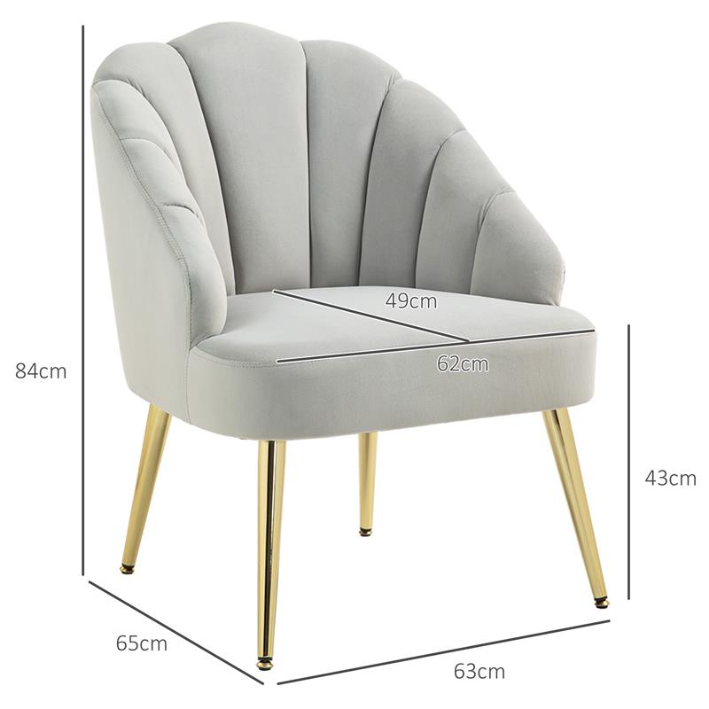 POLTRONCINA DA CAMERA E SALOTTO A CONCHIGLIA STILE ART DECO VELLUTATO E ACCIAIO 63X65X84 CM GRIGIO