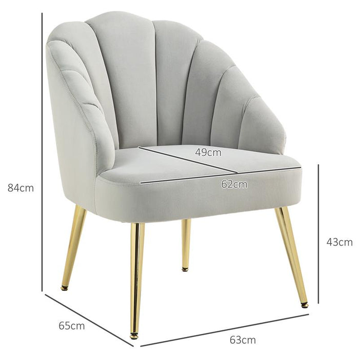 POLTRONCINA DA CAMERA E SALOTTO A CONCHIGLIA STILE ART DECO VELLUTATO E ACCIAIO 63X65X84 CM GRIGIO