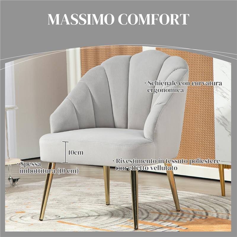 POLTRONCINA DA CAMERA E SALOTTO A CONCHIGLIA STILE ART DECO VELLUTATO E ACCIAIO 63X65X84 CM GRIGIO