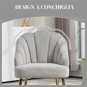POLTRONCINA DA CAMERA E SALOTTO A CONCHIGLIA STILE ART DECO VELLUTATO E ACCIAIO 63X65X84 CM GRIGIO