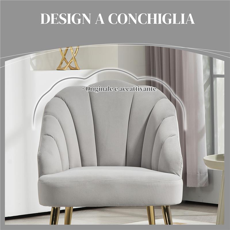 POLTRONCINA DA CAMERA E SALOTTO A CONCHIGLIA STILE ART DECO VELLUTATO E ACCIAIO 63X65X84 CM GRIGIO