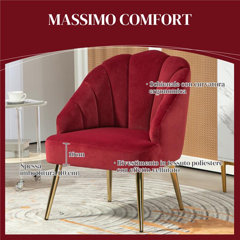 POLTRONCINA DA CAMERA E SALOTTO A CONCHIGLIA STILE ART DECO VELLUTATO E ACCIAIO 63X65X84 CM ROSSO