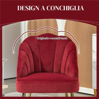 POLTRONCINA DA CAMERA E SALOTTO A CONCHIGLIA STILE ART DECO VELLUTATO E ACCIAIO 63X65X84 CM ROSSO