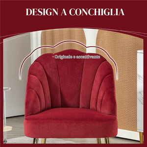 POLTRONCINA DA CAMERA E SALOTTO A CONCHIGLIA STILE ART DECO VELLUTATO E ACCIAIO 63X65X84 CM ROSSO