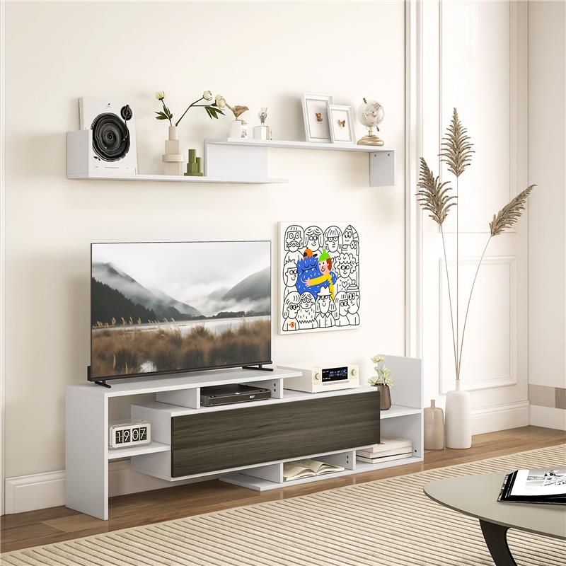 MOBILE TV CON MENSOLA A MURO RIPIANI APERTI E ARMADIETTO IN LEGNO BIANCO E NERO