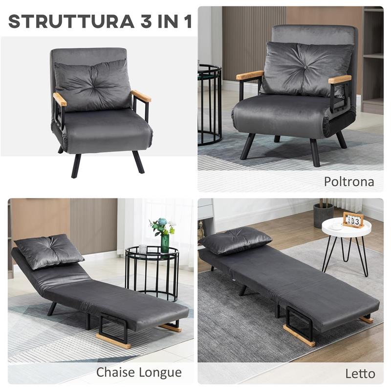 POLTRONA LETTO 3 IN 1 CON SCHIENALE RECLINABILE IN 5 POSIZIONI E CUSCINO 63X73X81 CM GRIGIO SCURO