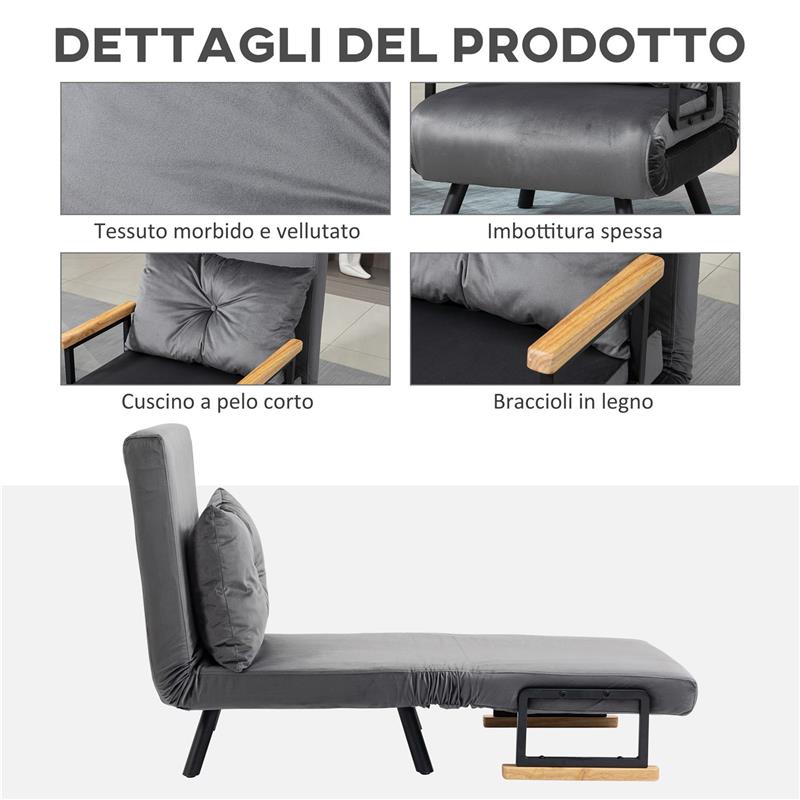 POLTRONA LETTO 3 IN 1 CON SCHIENALE RECLINABILE IN 5 POSIZIONI E CUSCINO 63X73X81 CM GRIGIO SCURO