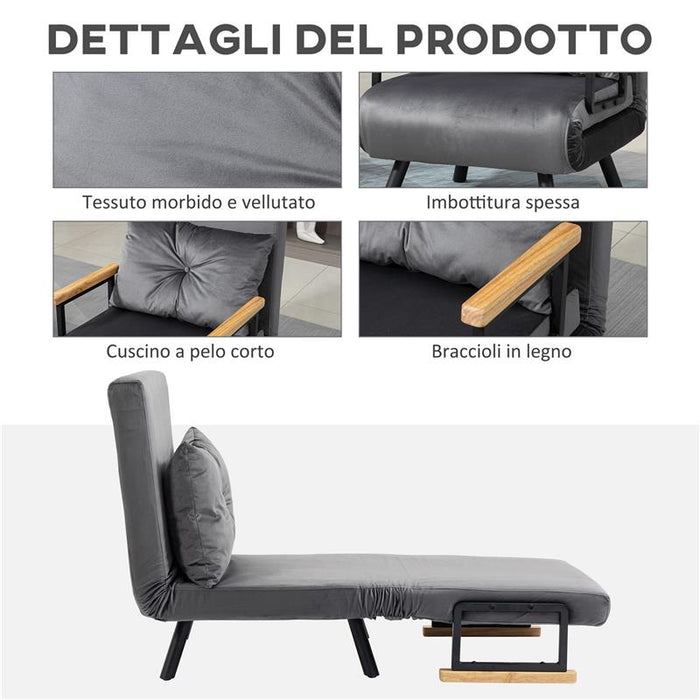 POLTRONA LETTO 3 IN 1 CON SCHIENALE RECLINABILE IN 5 POSIZIONI E CUSCINO 63X73X81 CM GRIGIO SCURO