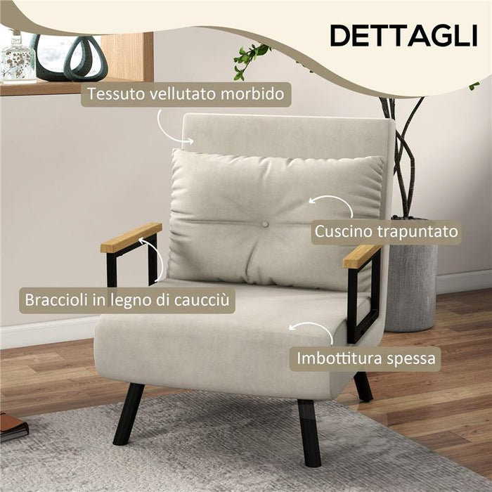 POLTRONA LETTO 3 IN 1 CON SCHIENALE RECLINABILE E CUSCINO IN TESSUTO EFFETTO VELLUTO 63X73X81 CM CREMA