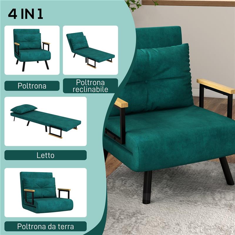 POLTRONA LETTO 3 IN 1 CON SCHIENALE RECLINABILE IN 5 POSIZIONI E CUSCINO 63X73X81 CM VERDE