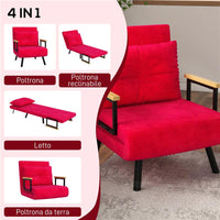 POLTRONA LETTO 3 IN 1 CON SCHIENALE RECLINABILE E CUSCINO IN TESSUTO EFFETTO VELLUTO 63X73X81 CM ROSSO