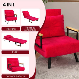 POLTRONA LETTO 3 IN 1 CON SCHIENALE RECLINABILE E CUSCINO IN TESSUTO EFFETTO VELLUTO 63X73X81 CM ROSSO