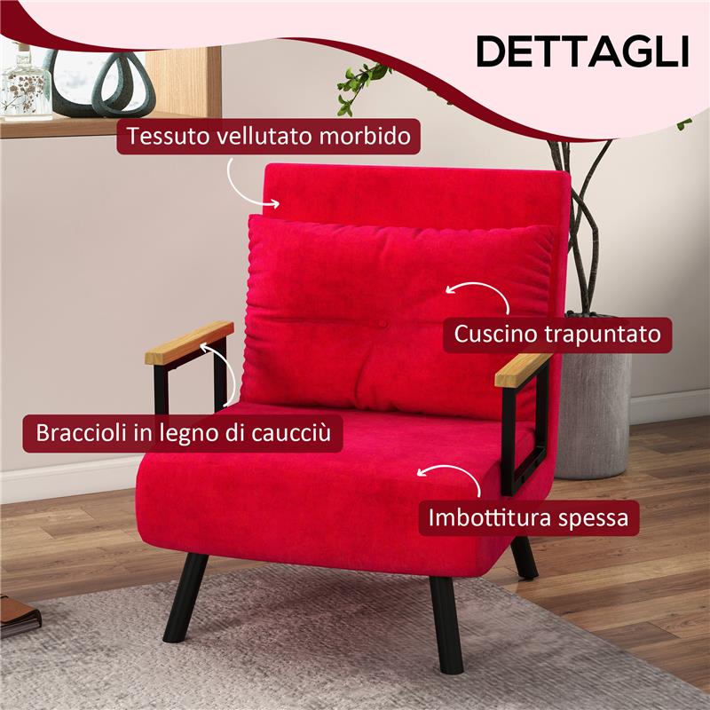 POLTRONA LETTO 3 IN 1 CON SCHIENALE RECLINABILE E CUSCINO IN TESSUTO EFFETTO VELLUTO 63X73X81 CM ROSSO