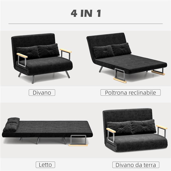 DIVANO LETTO 3 IN 1 IN TESSUTO EFFETTO VELLUTO CON SCHIENALE REGOLABILE E 2 CUSCINI 102X73X81 CM NERO