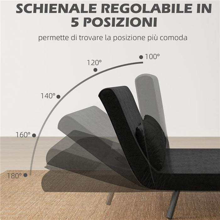 DIVANO LETTO 3 IN 1 IN TESSUTO EFFETTO VELLUTO CON SCHIENALE REGOLABILE E 2 CUSCINI 102X73X81 CM NERO