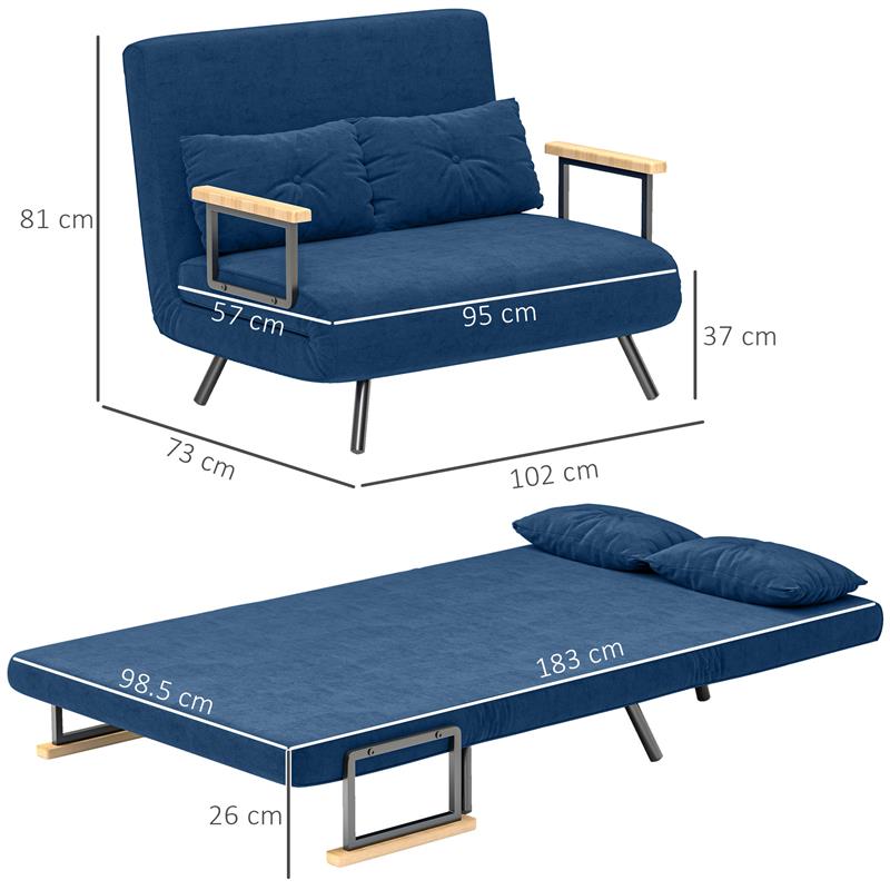 DIVANO LETTO 3 IN 1 IN TESSUTO EFFETTO VELLUTO CON SCHIENALE REGOLABILE E 2 CUSCINI 102X73X81 CM BLU