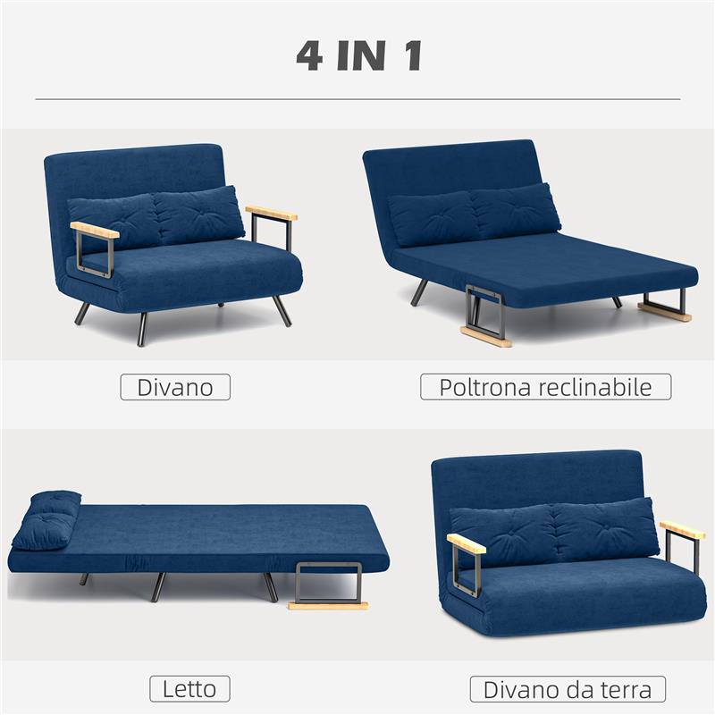 DIVANO LETTO 3 IN 1 IN TESSUTO EFFETTO VELLUTO CON SCHIENALE REGOLABILE E 2 CUSCINI 102X73X81 CM BLU