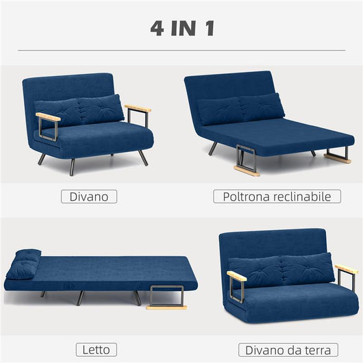 DIVANO LETTO 3 IN 1 IN TESSUTO EFFETTO VELLUTO CON SCHIENALE REGOLABILE E 2 CUSCINI 102X73X81 CM BLU