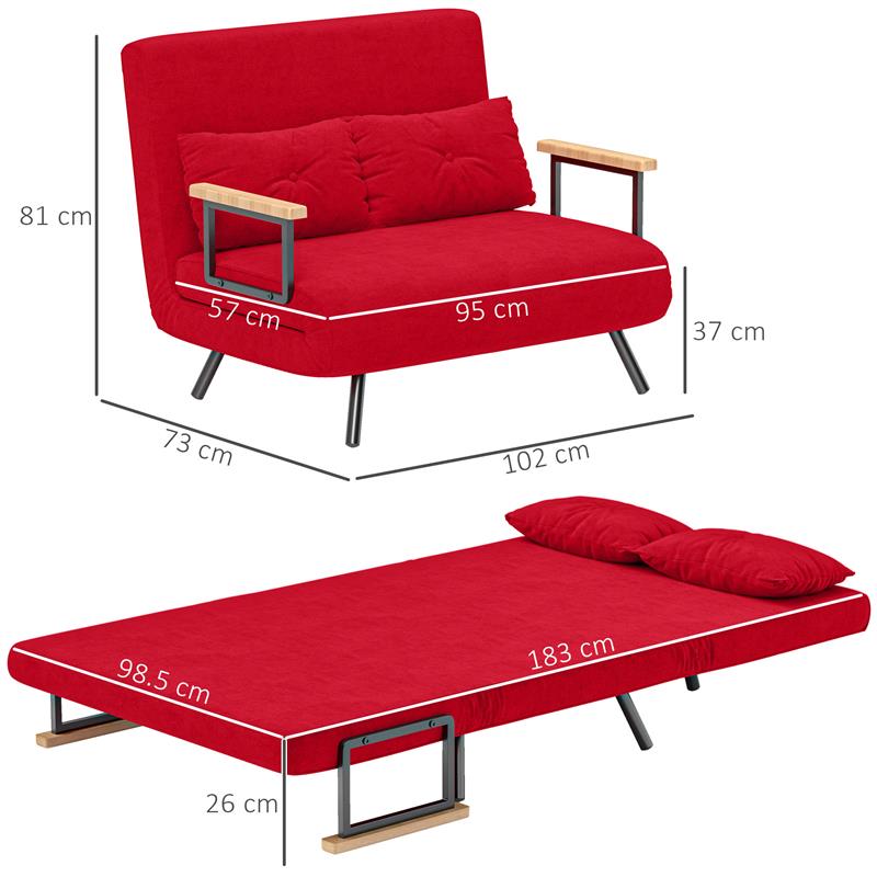 DIVANO LETTO IN TESSUTO EFFETTO VELLUTO CON SCHIENALE REGOLABILE E 2 CUSCINI 102X73X81 CM ROSSO