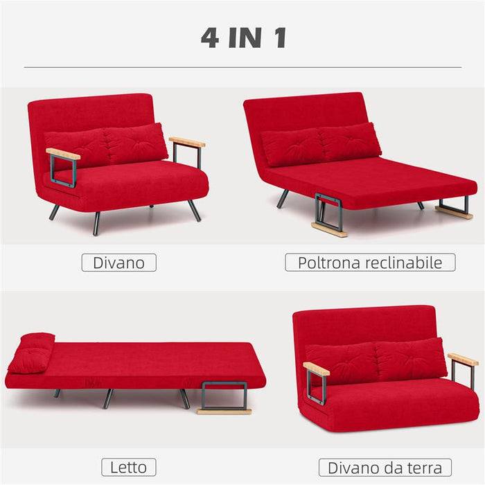 DIVANO LETTO IN TESSUTO EFFETTO VELLUTO CON SCHIENALE REGOLABILE E 2 CUSCINI 102X73X81 CM ROSSO