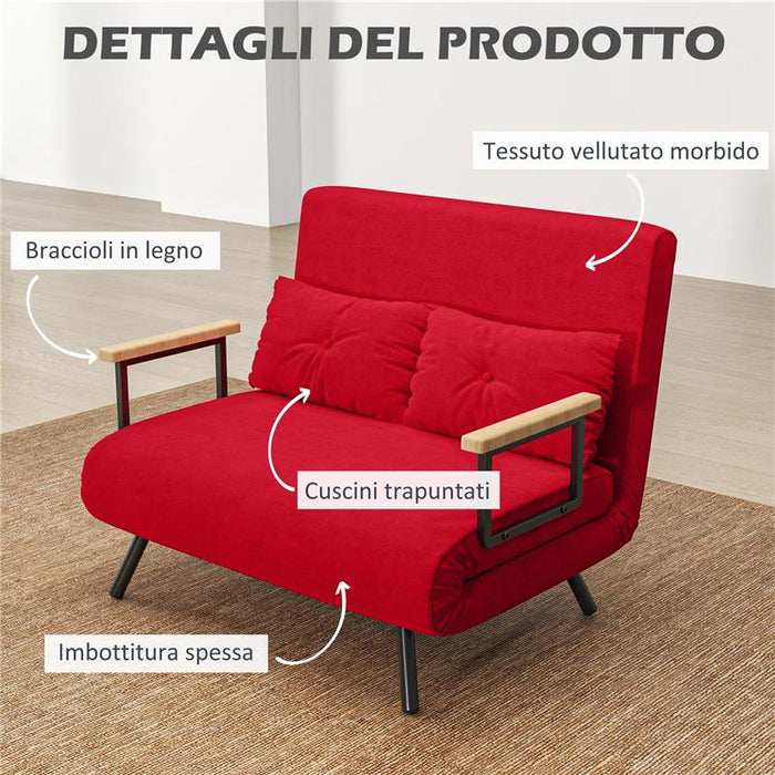 DIVANO LETTO IN TESSUTO EFFETTO VELLUTO CON SCHIENALE REGOLABILE E 2 CUSCINI 102X73X81 CM ROSSO