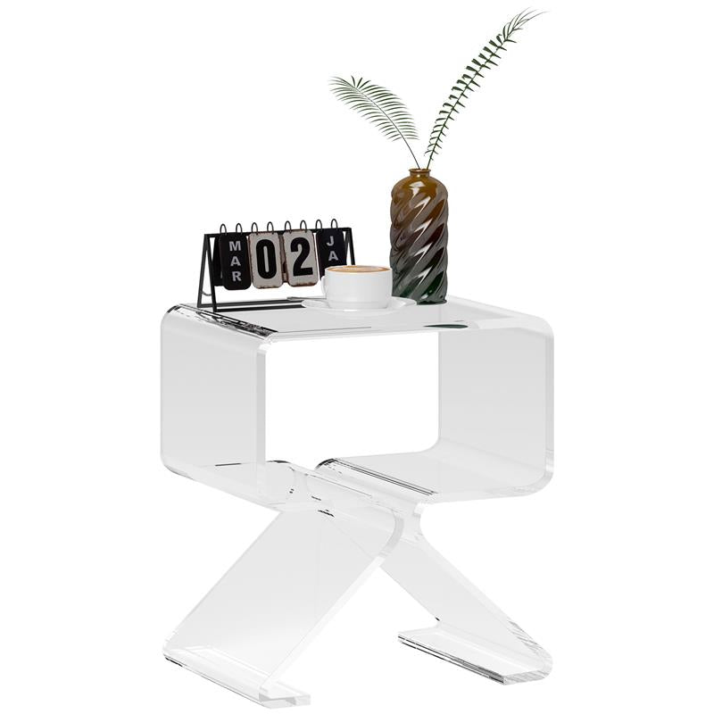 TAVOLINO BASSO GEOMETRICO A 2 LIVELLI  IN ACRILICO CON GAMBE TRIANGOLARI 40X30X45 CM TRASPARENTE