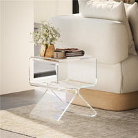 TAVOLINO BASSO GEOMETRICO A 2 LIVELLI  IN ACRILICO CON GAMBE TRIANGOLARI 40X30X45 CM TRASPARENTE