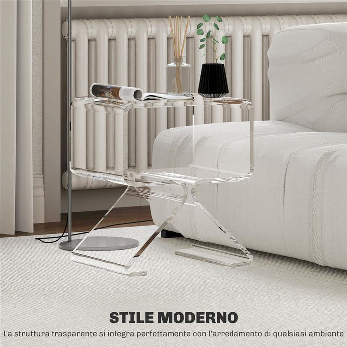 TAVOLINO BASSO GEOMETRICO A 2 LIVELLI  IN ACRILICO CON GAMBE TRIANGOLARI 40X30X45 CM TRASPARENTE