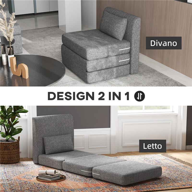 POLTRONA LETTO PIEGHEVOLE DA TERRA A 3 SEZIONI SALVASPAZIO IN TESSUTO 80X75X74 CM GRIGIO