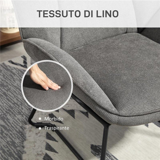 POLTRONA D'ARREDO CON BRACCIOLI INCLINATI IN TESSUTO EFFETTO LINO E ACCIAIO 71.5X67X79 CM GRIGIO