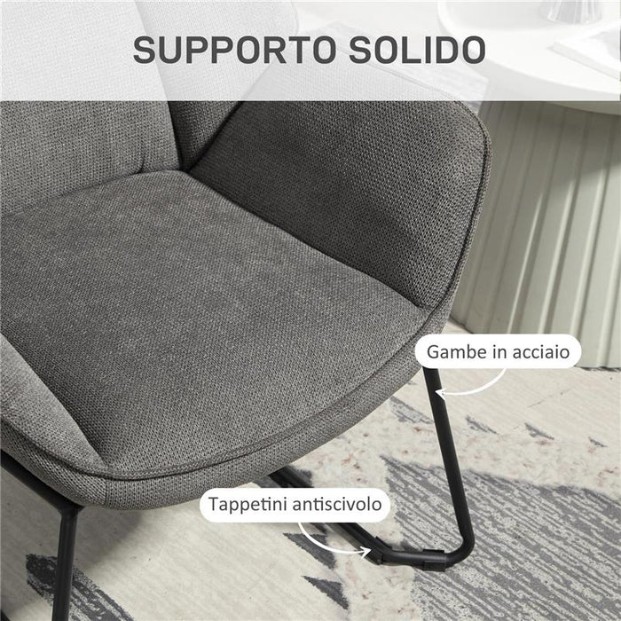 POLTRONA D'ARREDO CON BRACCIOLI INCLINATI IN TESSUTO EFFETTO LINO E ACCIAIO 71.5X67X79 CM GRIGIO