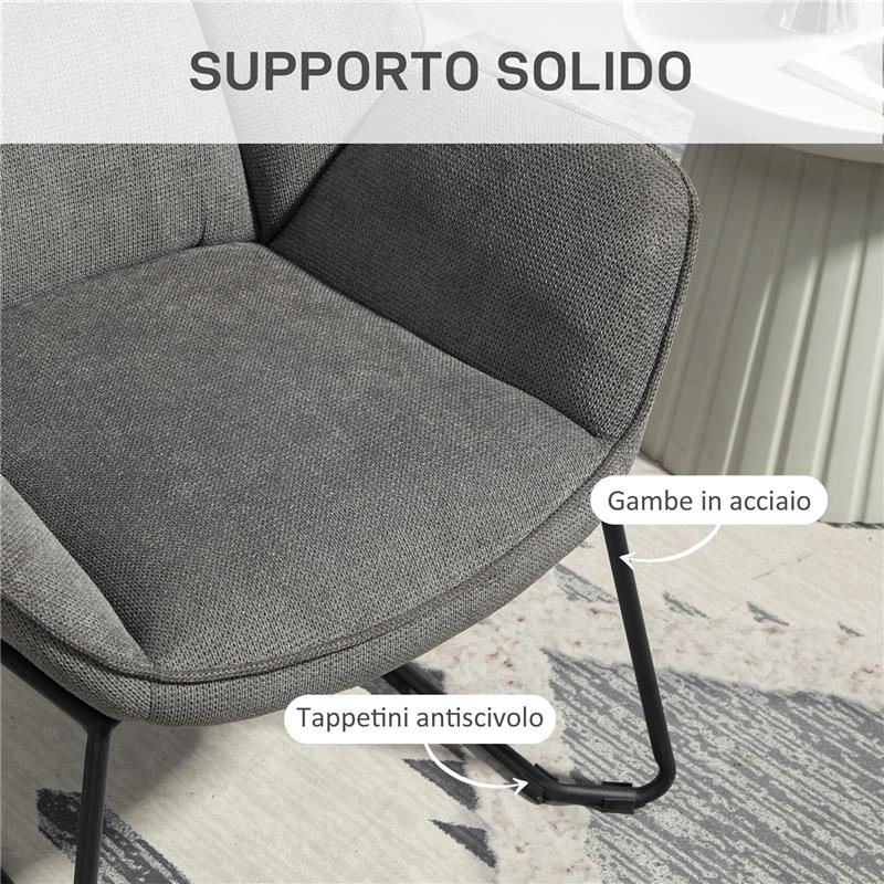POLTRONA D'ARREDO CON BRACCIOLI INCLINATI IN TESSUTO EFFETTO LINO E ACCIAIO 71.5X67X79 CM GRIGIO