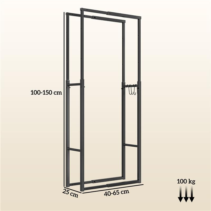 PORTALEGNA DA INTERNO ED ESTERNO REGOLABILE IN METALLO CON GANCI A S, 40-65X25X100-150 CM NERO