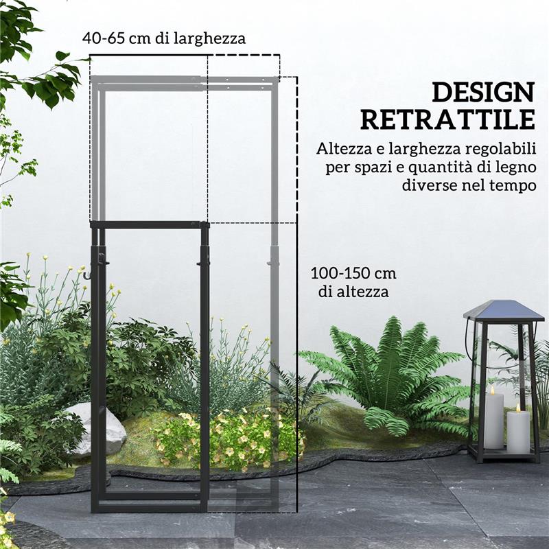 PORTALEGNA DA INTERNO ED ESTERNO REGOLABILE IN METALLO CON GANCI A S, 40-65X25X100-150 CM NERO