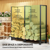 PORTALEGNA PER CAMINO A 2 SEZIONI IN ACCIAIO CON 6 GAMBE E 3 ANELLI 123X32X115 CM NERO