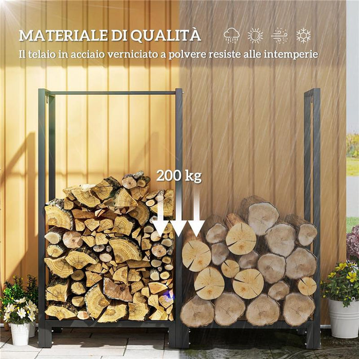 PORTALEGNA PER CAMINO A 2 SEZIONI IN ACCIAIO CON 6 GAMBE E 3 ANELLI 123X32X115 CM NERO