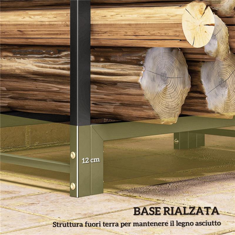 PORTALEGNA PER CAMINO A 2 SEZIONI IN ACCIAIO CON 6 GAMBE E 3 ANELLI 123X32X115 CM NERO