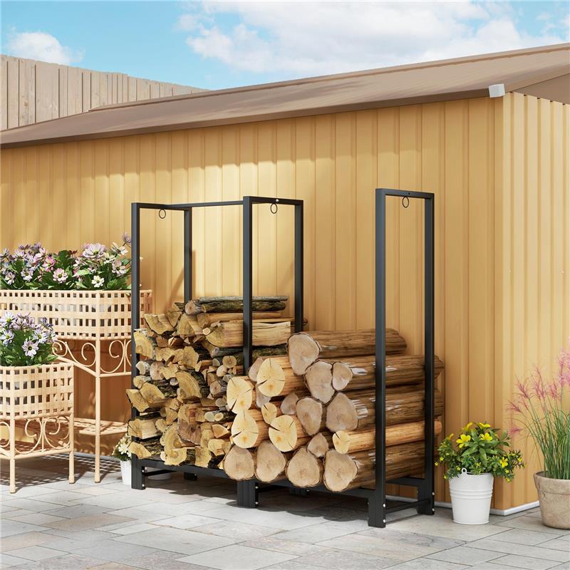 PORTALEGNA PER CAMINO A 2 SEZIONI IN ACCIAIO CON 6 GAMBE E 3 ANELLI 123X32X115 CM NERO