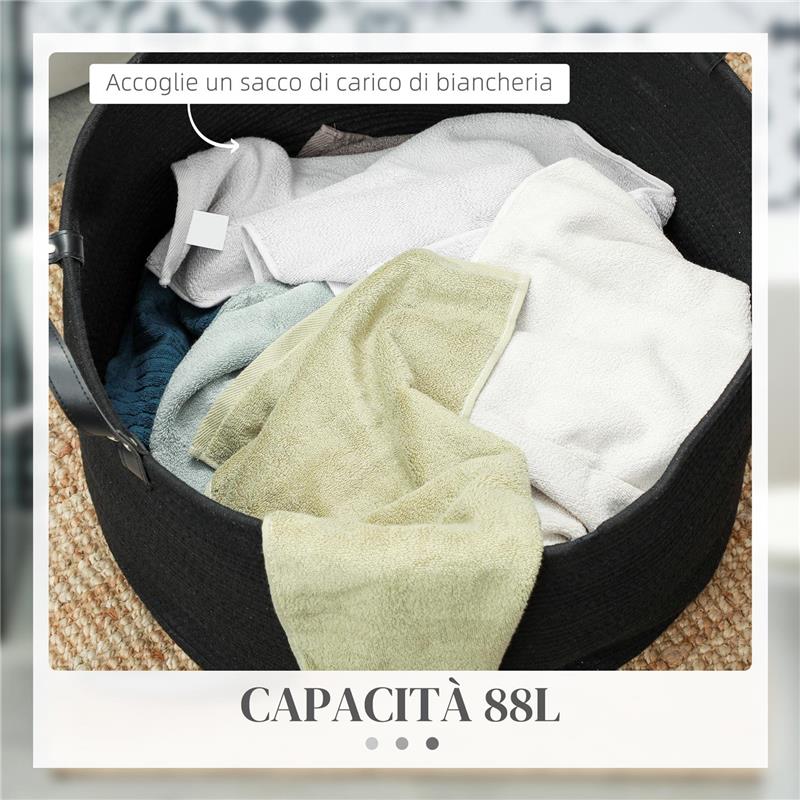 CESTO PORTABIANCHERIA DA 88L PORTATILE E PIEGHEVOLE CON MANICI IN COTONE NATURALE Ø 56X35.5 CM NERO